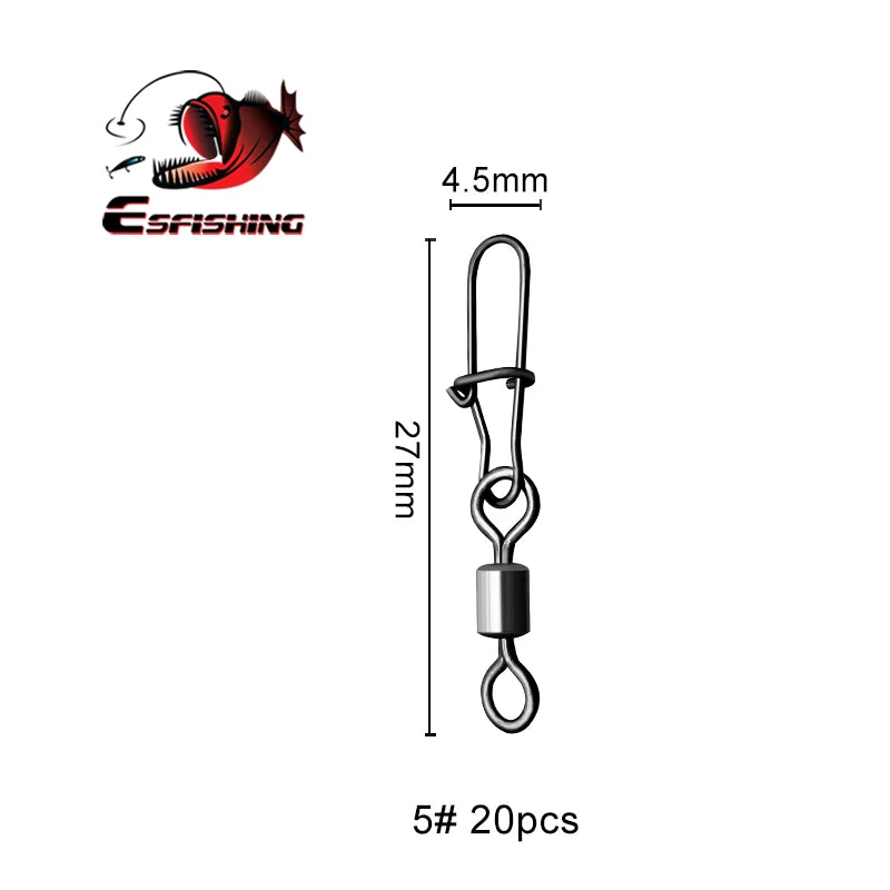 ESFISHING 20pcs Pike Fishhook Lure Fishing Accessories Connector Pin Bearing Rolling Swivel Stainless Steel Snap Swivels Tackle