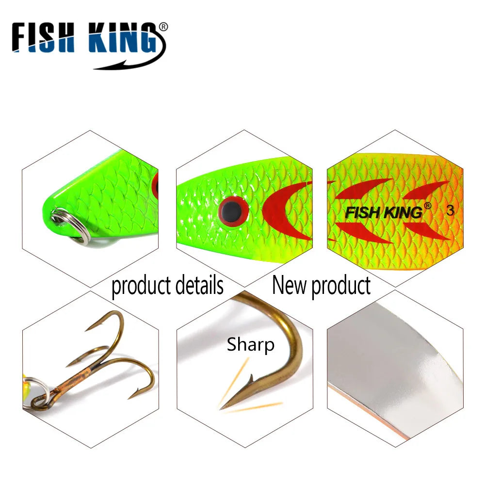 FISH KING 20-30g Metal Spoon Hard Fishing Lure Artificial Wobblers For Trolling Trout Spoon Bait Bass Pike With Treble Hook