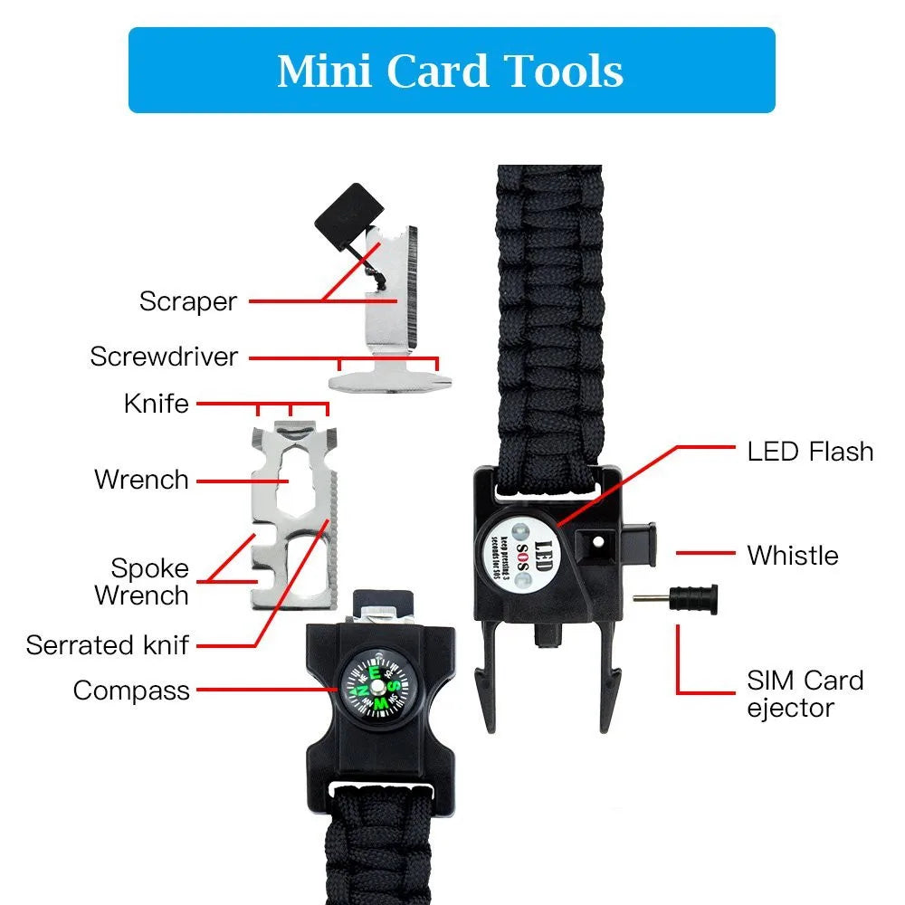 Outdoor SOS LED Light Survival Bracelet Paracord Braided Rope Men Women Camping EDC Tool Emergency Compass Whistle