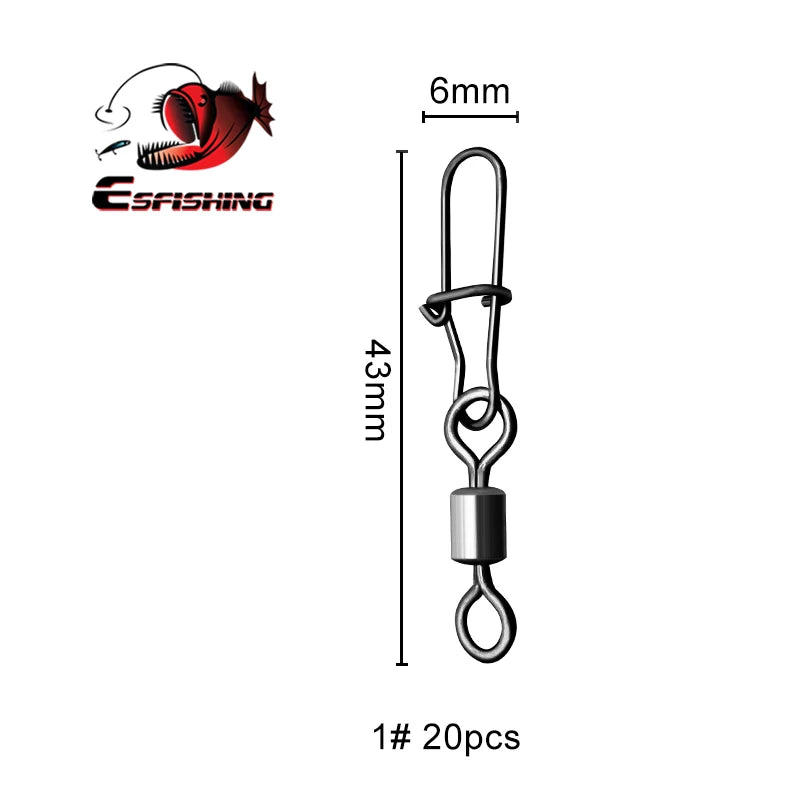 ESFISHING 20pcs Pike Fishhook Lure Fishing Accessories Connector Pin Bearing Rolling Swivel Stainless Steel Snap Swivels Tackle