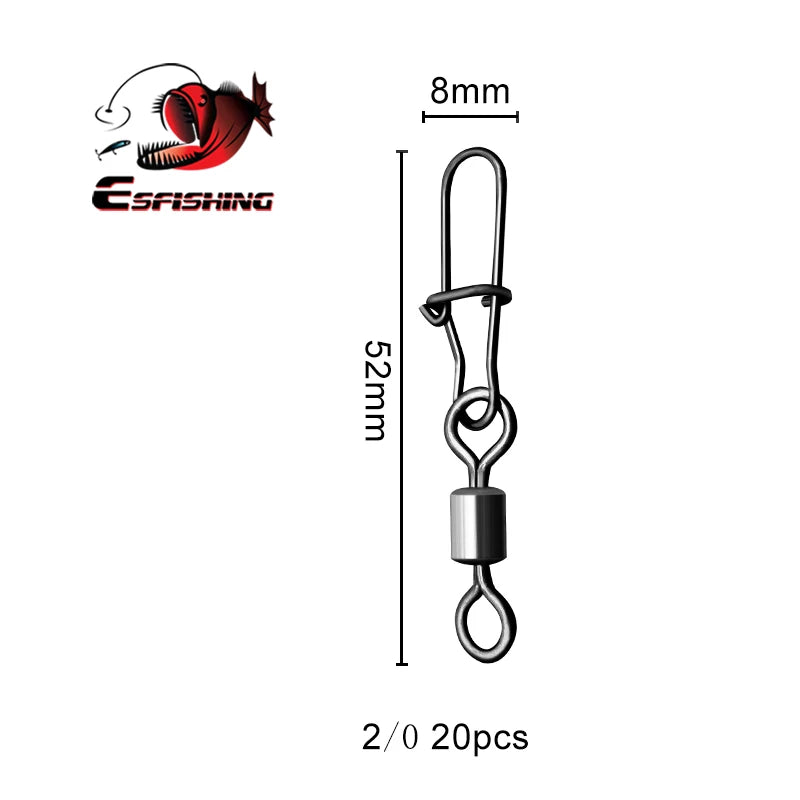 ESFISHING 20pcs Pike Fishhook Lure Fishing Accessories Connector Pin Bearing Rolling Swivel Stainless Steel Snap Swivels Tackle