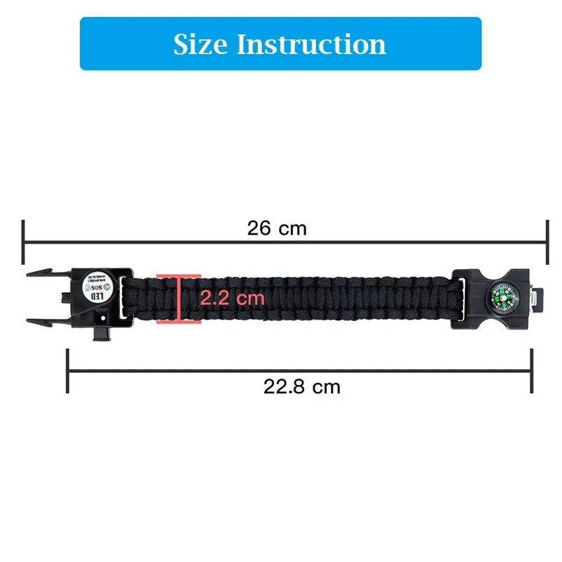 Outdoor SOS LED Light Survival Bracelet Paracord Braided Rope Men Women Camping EDC Tool Emergency Compass Whistle