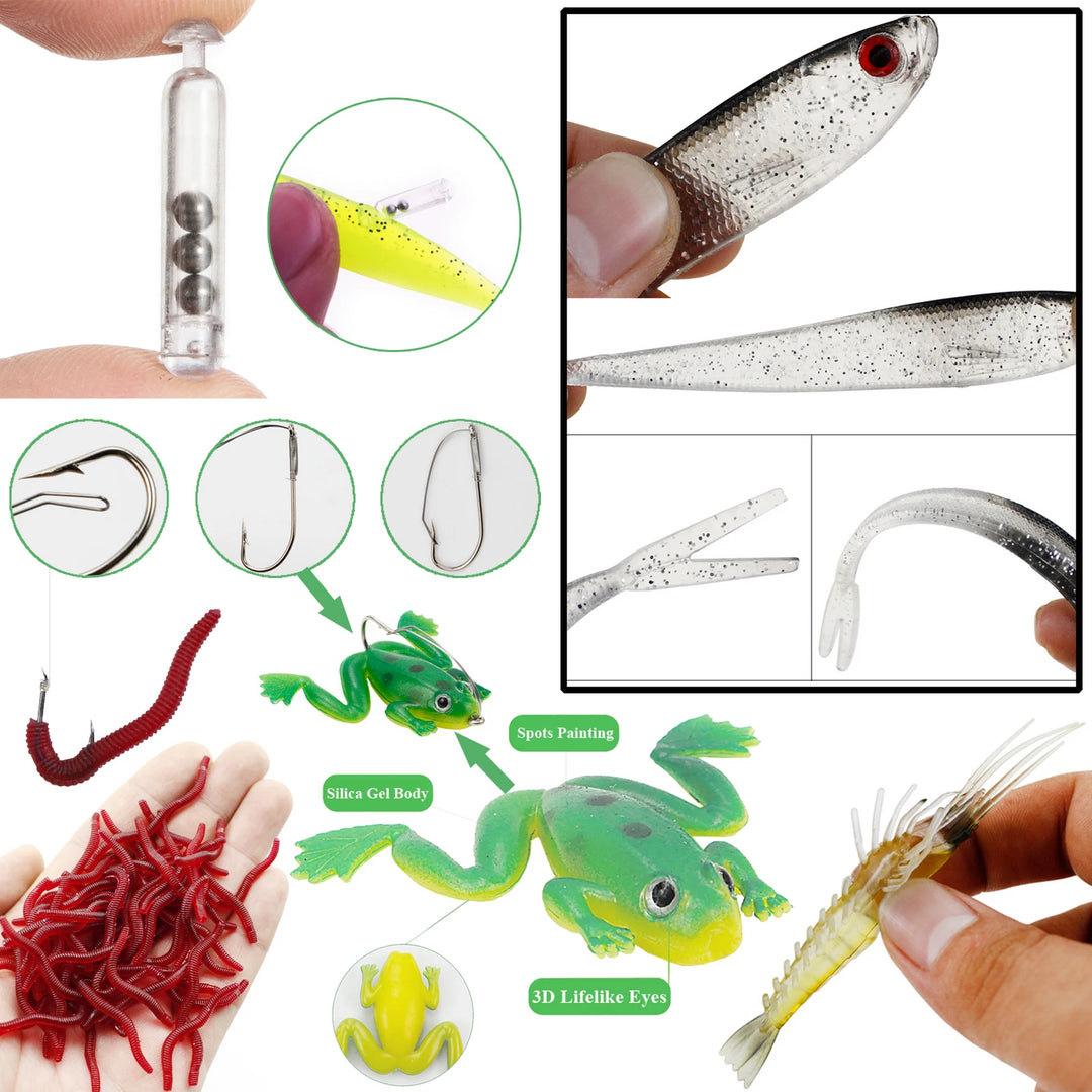 310pcs Fishing Soft Lures Set Fishing Weights Hooks Hard Baits Beads Swivels Spoon Spinnerbaits Accessories Fishing Tackle Box