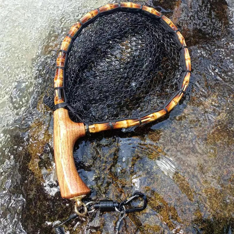 Fly Fishing Landing Net with Wood Handle, Wooden Frame, Soft Rubber Mesh, Waterproof Nylon Nets with Magnetic Release