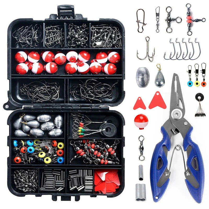 263pcs/Set Fishing Accessories Set with Tackle Box Including Plier Jig Hooks Sinker Weight Swivels Snaps Sinker Slides