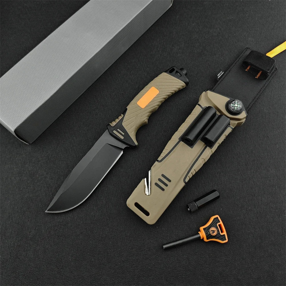 GB Survival Fixed Blade Knives with Flashlight 8Cr13Mov Blade Rubber Plastic Handle Adventure Hunting Combat Gear for Men