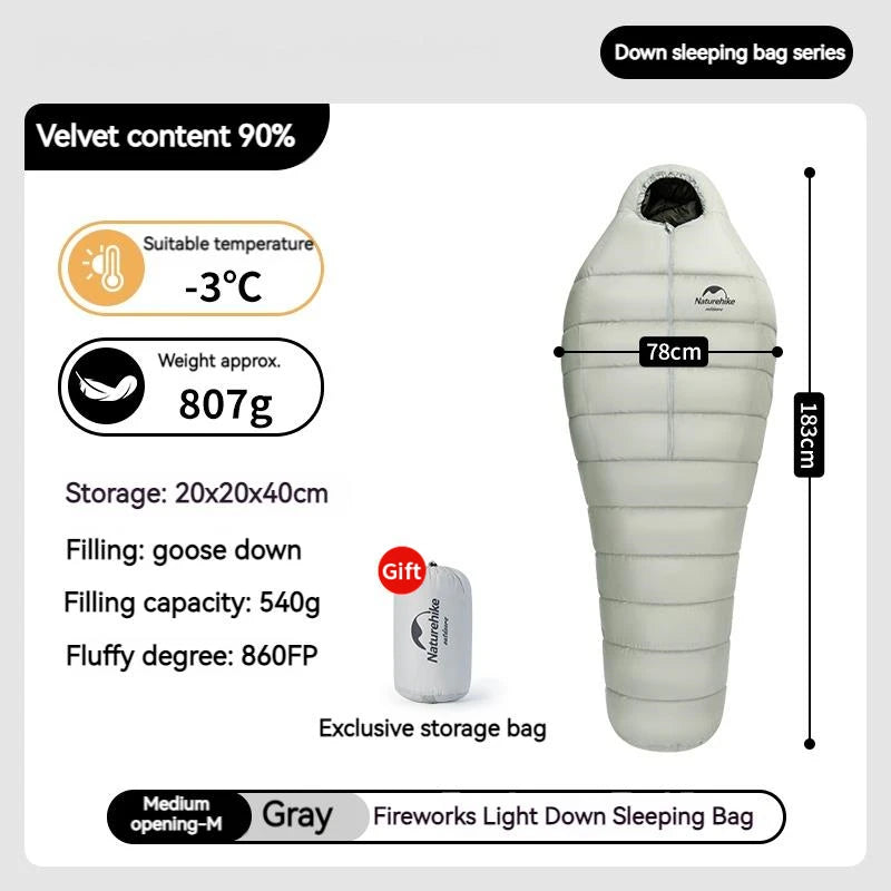 Naturehike FIREWORKS 860FP Goose Down Sleeping Bag Ultralight Winter Sleeping Bag Adult Mummy Style Thickened Keep Warm -9℃~9℃