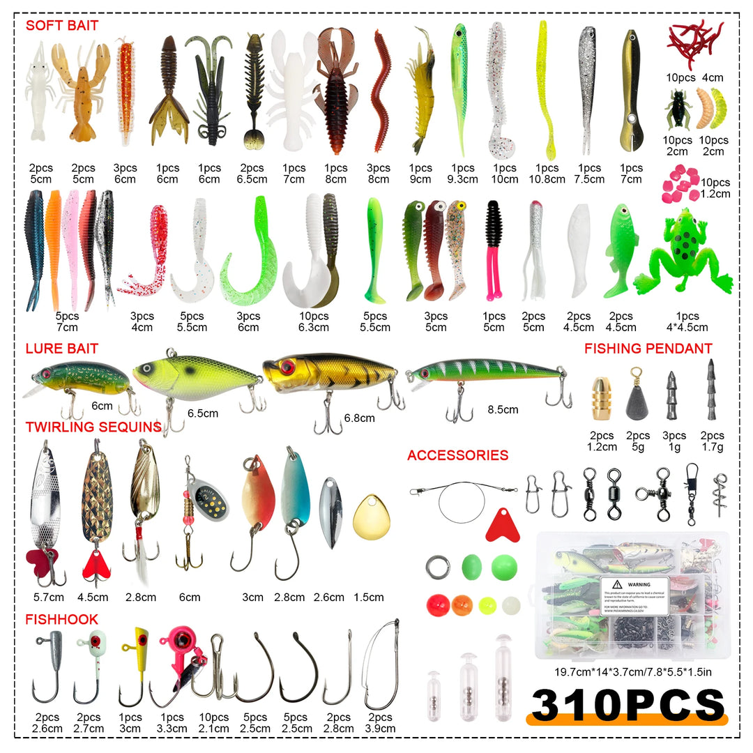 310pcs Fishing Soft Lures Set Fishing Weights Hooks Hard Baits Beads Swivels Spoon Spinnerbaits Accessories Fishing Tackle Box