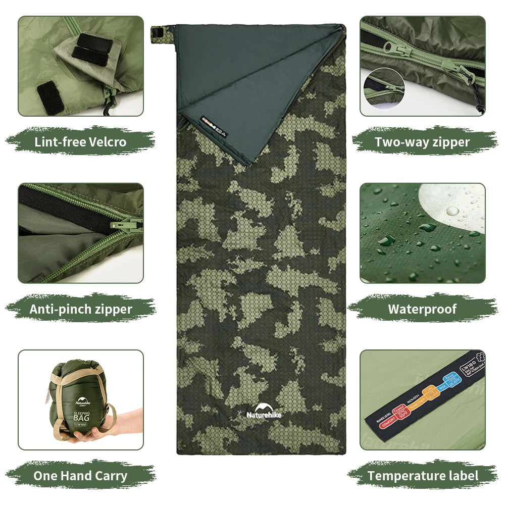 Naturehike Camouflage Camping Sleeping Bag Waterproof Ultralight Splicable Double Large Quilt 3 Season Hiking Sleeping Bags