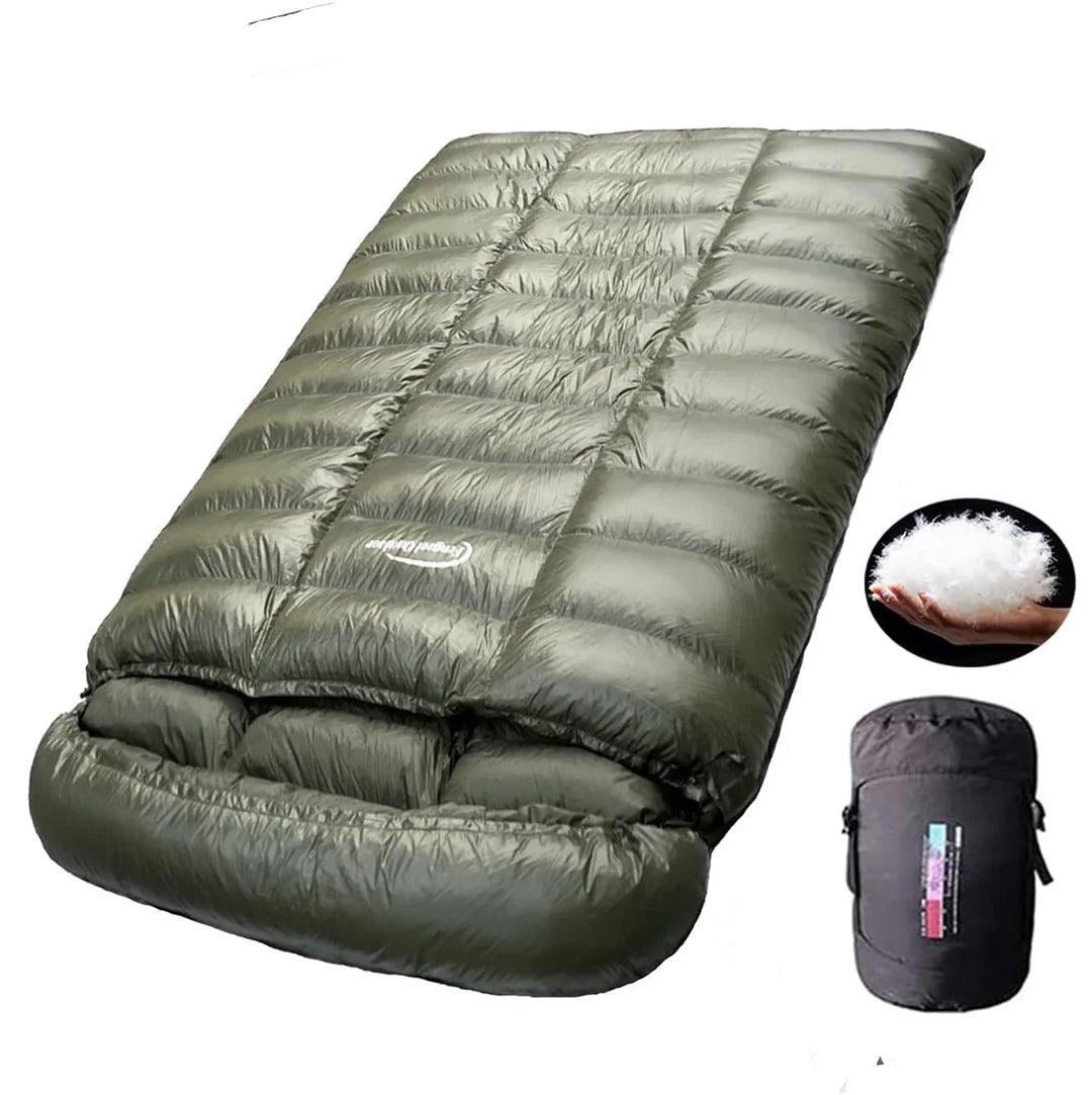 Checkered design, double sleeping bag, camping, cold protection and warmth, 93% white duck down 2000g filling, down sleeping bag