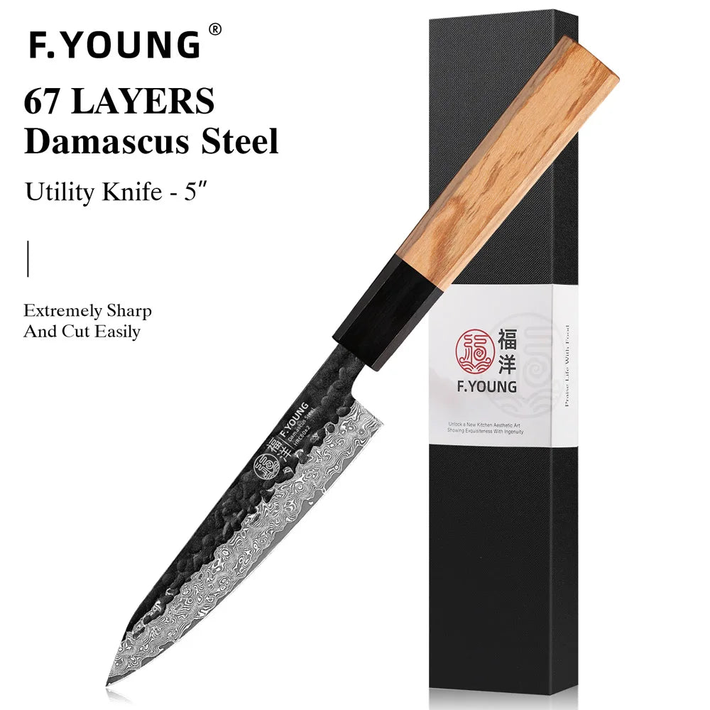 F.YOUNG Damascus Steel Kitchen Knives Japanese Hand Forged Chef Knife Vegetable Slicing Sashimi Utility Kitchen Cooking Tools