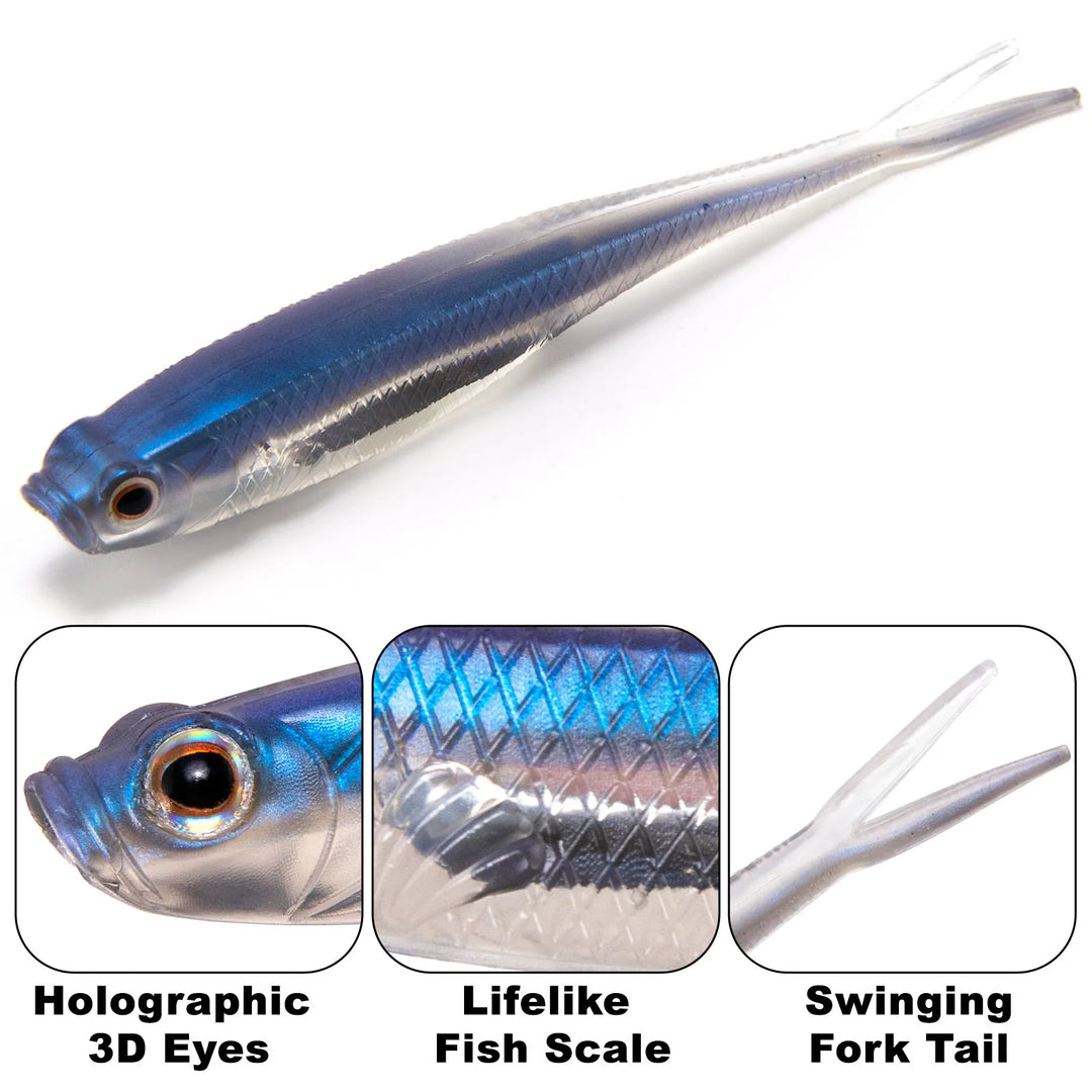 Dr.Fish 5/6pcs Fishing Soft Lure Plastic Saltwater Fork Tail Drop Shot Silicone Soft Bait Worm Bass Trout Pike Walleye Weedless
