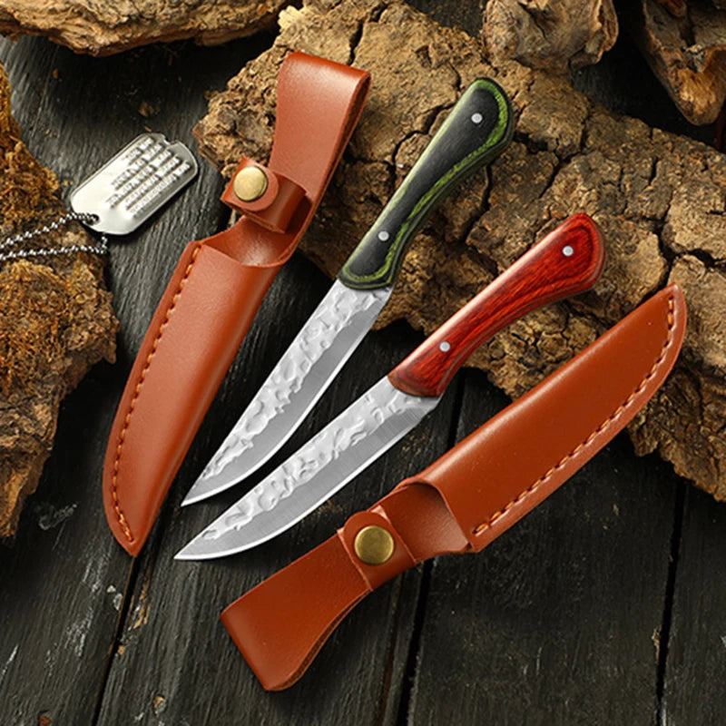 Outdoor Portable Wooden Handle Small Knife, Camping Meat Cleaver Knife, Household Sharp Fruit Knife, Straight Knives With Sheath