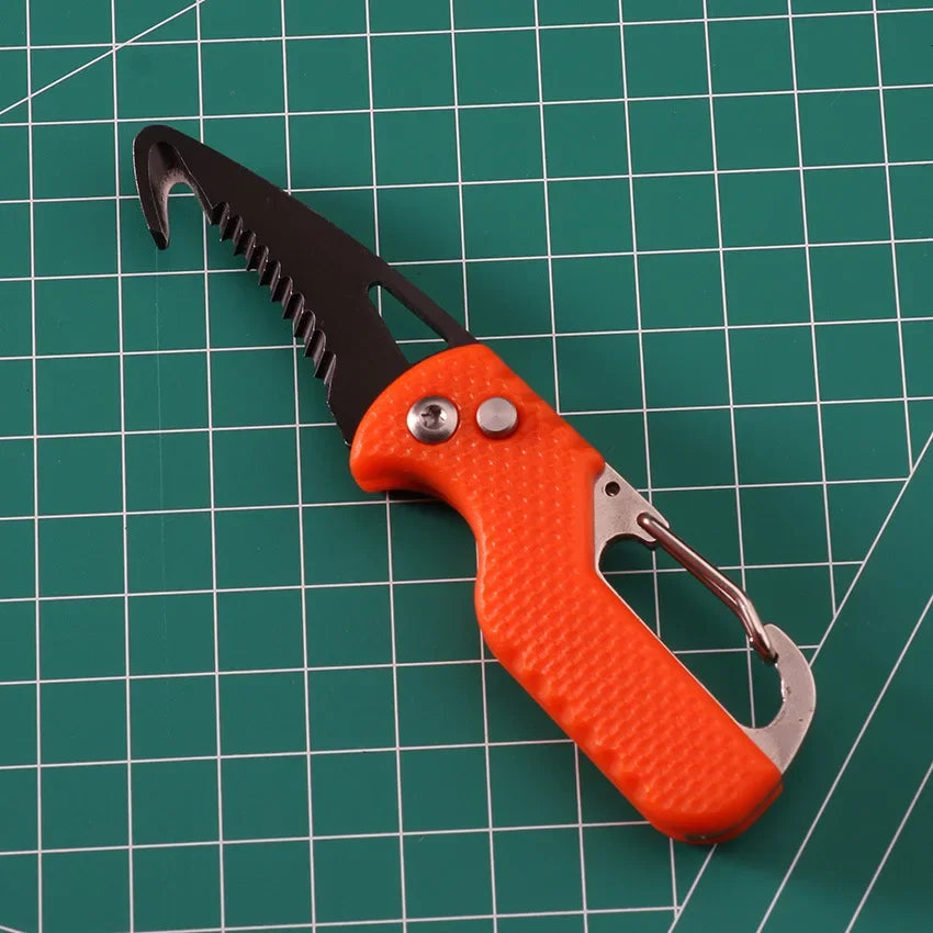 Outdoor Camping Portable Folding Knife Multifunctional Serrated Hook Knife Stainless Keychain Survival Cutter Tool Box Opener