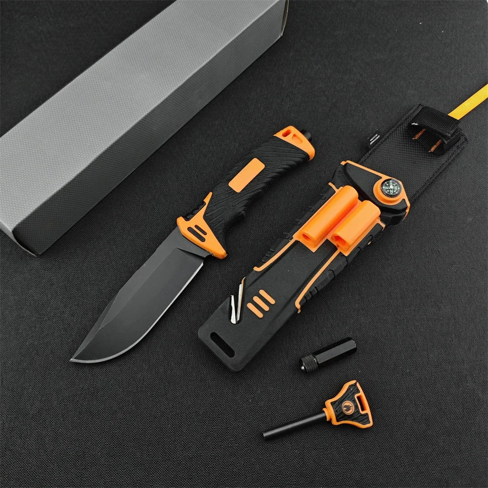 GB Survival Fixed Blade Knives with Flashlight 8Cr13Mov Blade Rubber Plastic Handle Adventure Hunting Combat Gear for Men