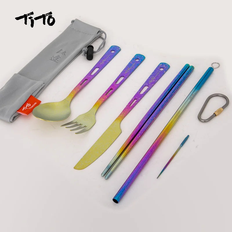 TiTo Titanium Ultralight Cutlery Outdoor Portable Knife Fork Spoon Straw Toothpick Chopstocks Camping Hiking Travel Flatware Set