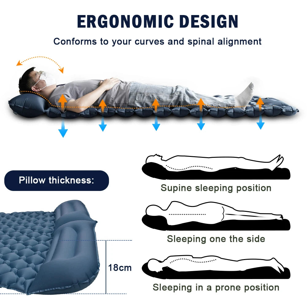 Double Sleeping Pad for Camping Inflatable Mattress with Pillow Outdoor Mat Travel Bed Cushion Built-in Pump 2 Person for Hiking