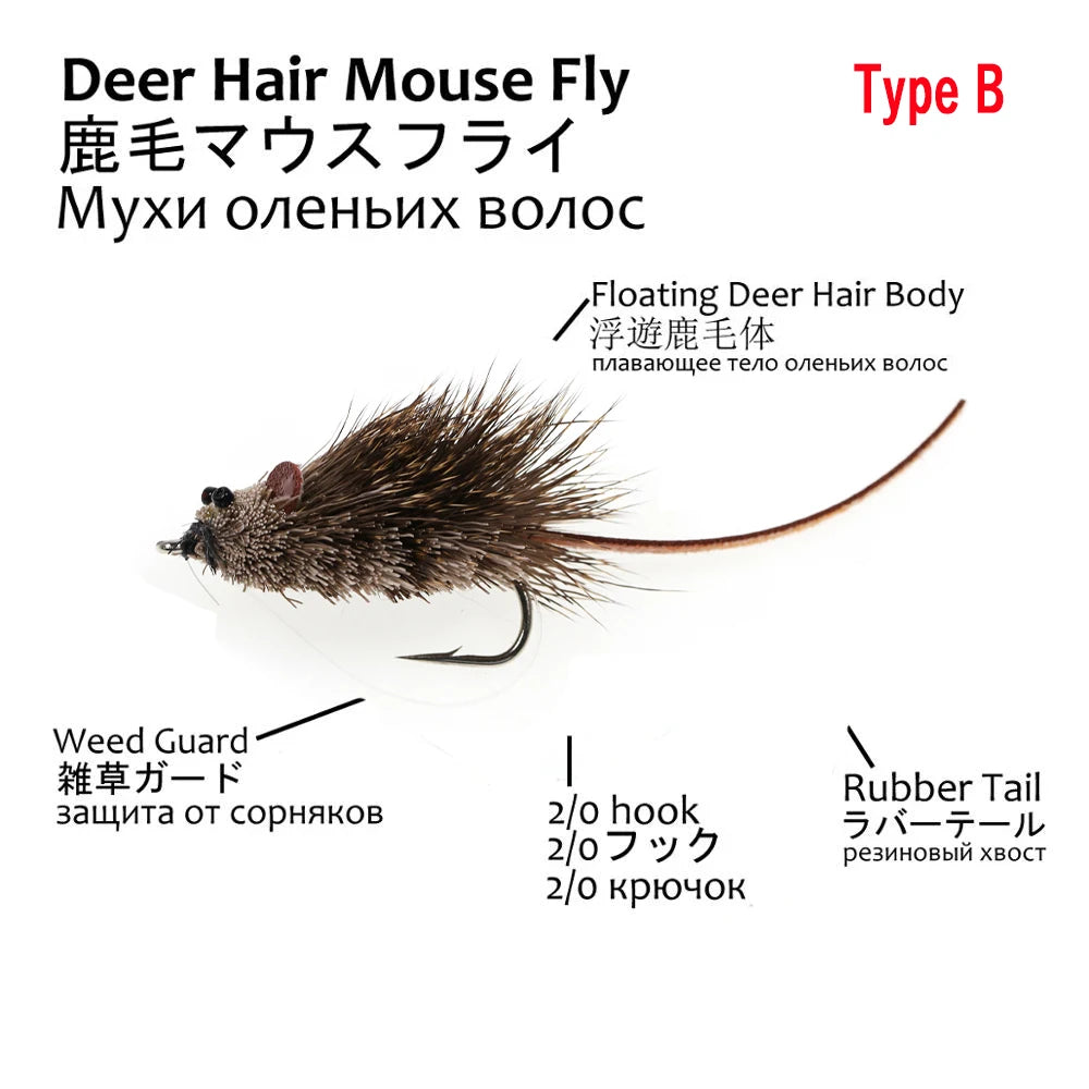 Wifreo Fly Fishing Deer Hair Bass Bug Mouse Rat Fly Floating Surface Frog Flies with Weed Guard Hook #2 #2/0