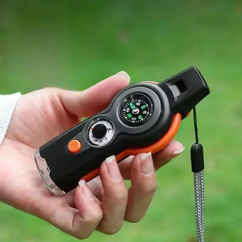 7in1 Emergency Survival Function Whistle Outdoor Multifunctional Survival Whistle with Lanyard Compass Flashlight Camping Hike