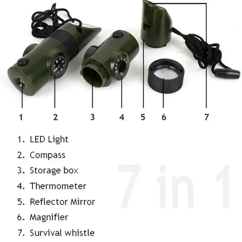 Survival Whistle with 6-in-1 Functions - LED Flashlight Compass Mirror Thermometer & Magnifier for Hiking Emergency
