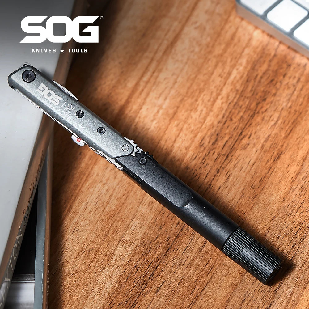 SOG BATON Q2 4-in-1 EDC Pen Multitool with LED Flashlight, Knife & Screwdriver, Compact Survival Gear for Camping, Emergency