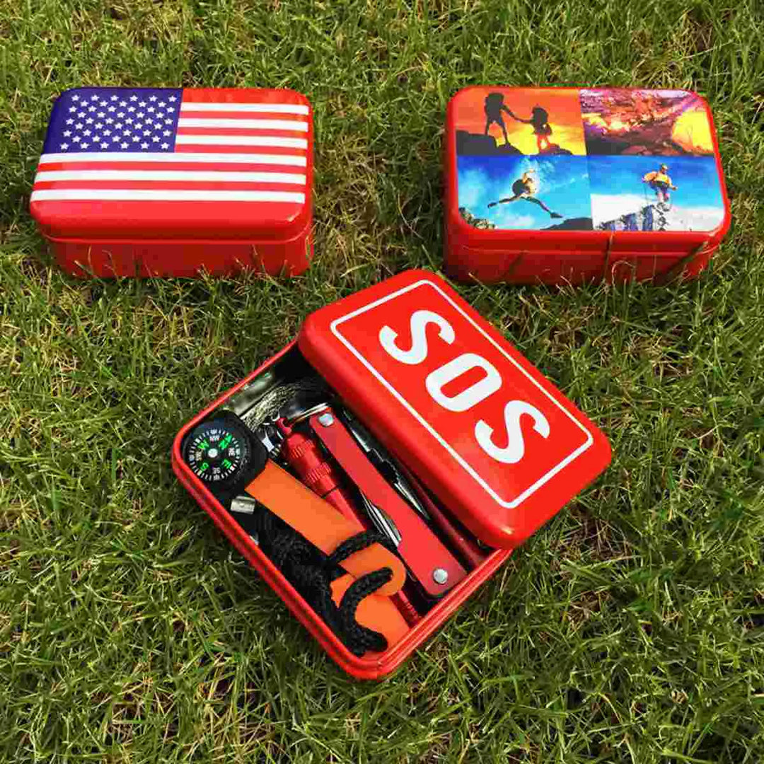 Portable Outdoor Tools Equipment Box Survival Case Emergency Safety Kit Wire Saw Folding Compass Flashlight Fire Starter Pliers