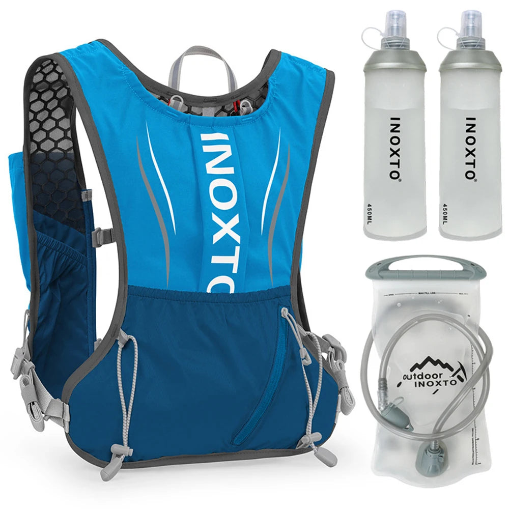 5L Hydration Vest Backpack Water Running Vest Pack w 1pc 1.5L Water Bladder and 2pcs 450ml Soft Water Bottles Cycling Backpack