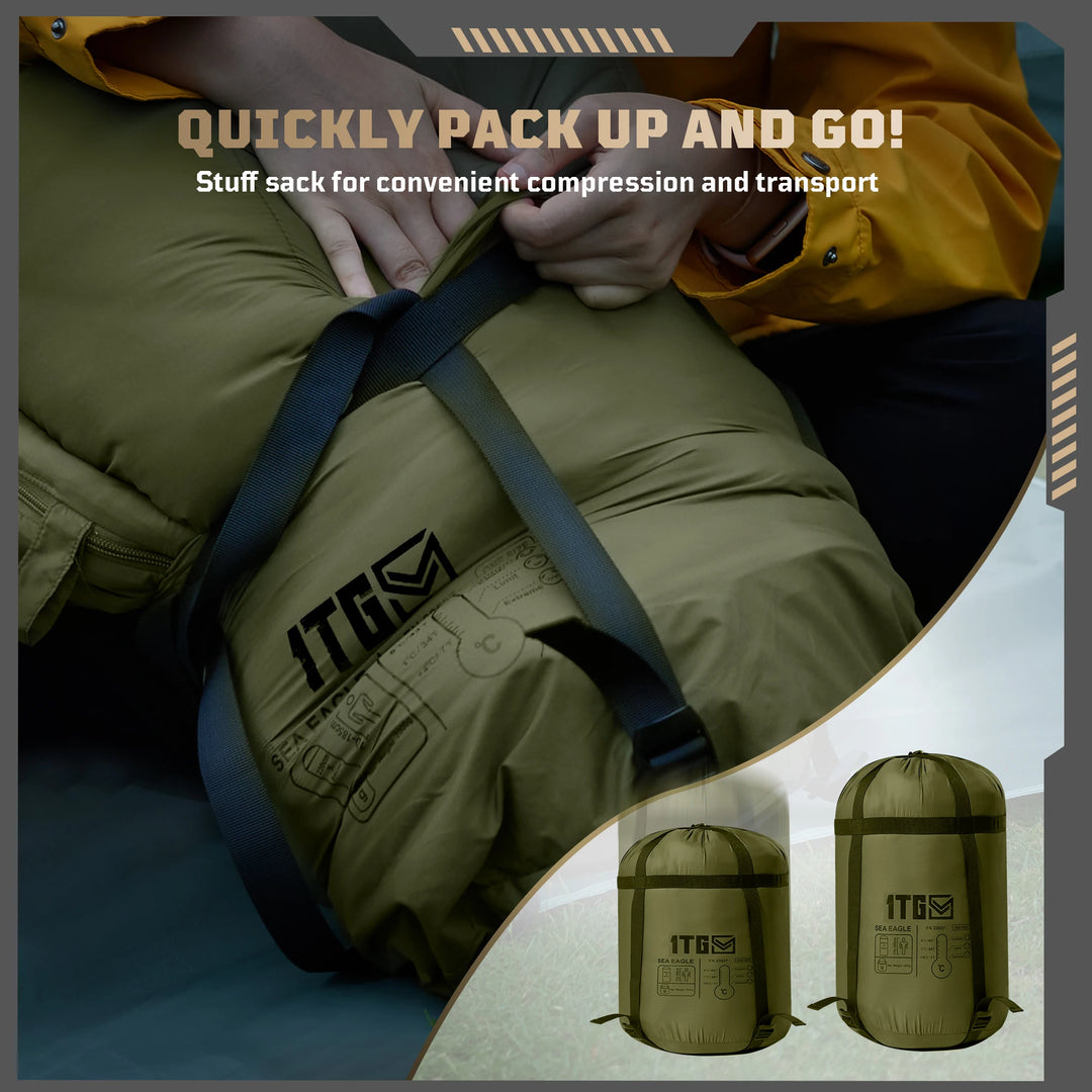 1TG Tactical Sleeping Bags for Adults, 34°F to 43°F Ultralight Warm Cold Weather Sleeping Bag for Camping, with Compression Sack
