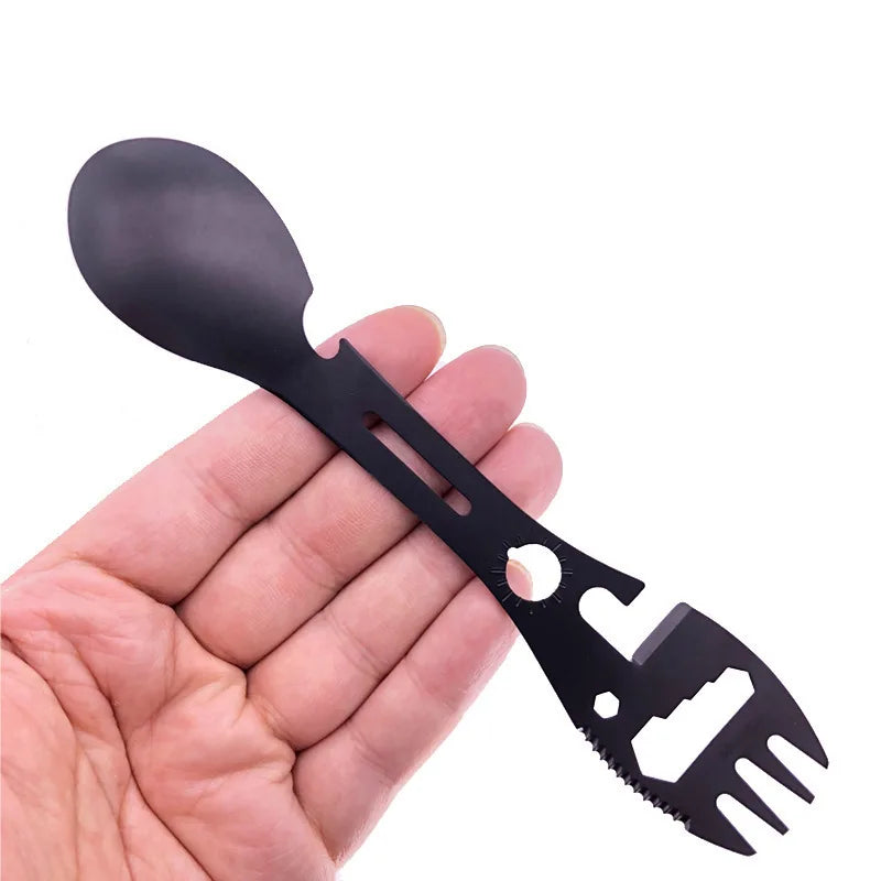 5-in-1 Camping Multi-Tool Kit - Survival EDC Gear with Fork, Knife, Spoon & Bottle Opener, Compact Outdoor Adventure Essentials