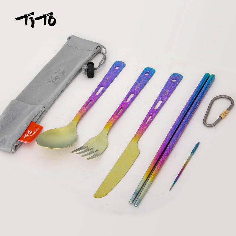 TiTo Titanium Ultralight Cutlery Outdoor Portable Knife Fork Spoon Straw Toothpick Chopstocks Camping Hiking Travel Flatware Set