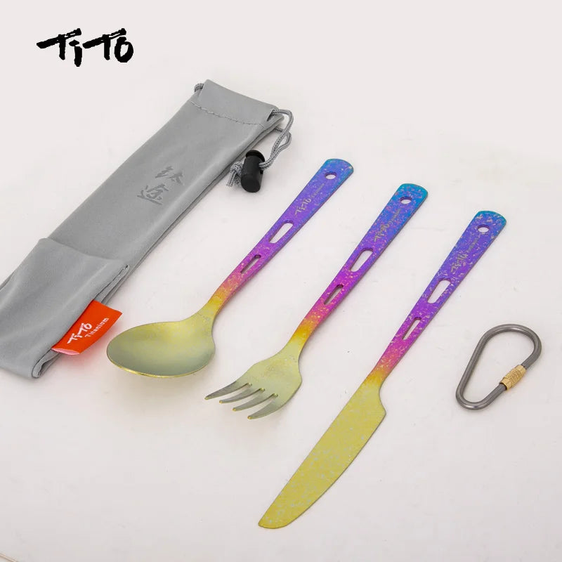 TiTo Titanium Ultralight Cutlery Outdoor Portable Knife Fork Spoon Straw Toothpick Chopstocks Camping Hiking Travel Flatware Set