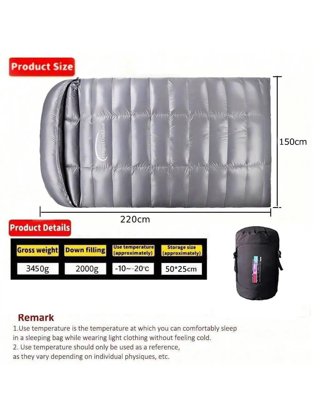 Checkered design, double sleeping bag, camping, cold protection and warmth, 93% white duck down 2000g filling, down sleeping bag