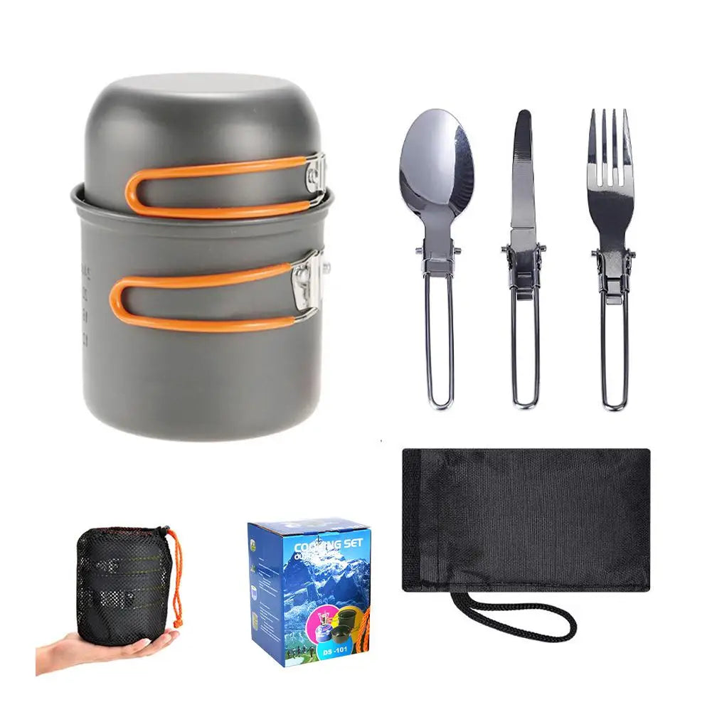 Portable Camping Cookware Set Outdoor Pot Mini Gas Stove Sets Nature Hike Picnic Cooking Set With Foldable Spoon Fork Knife