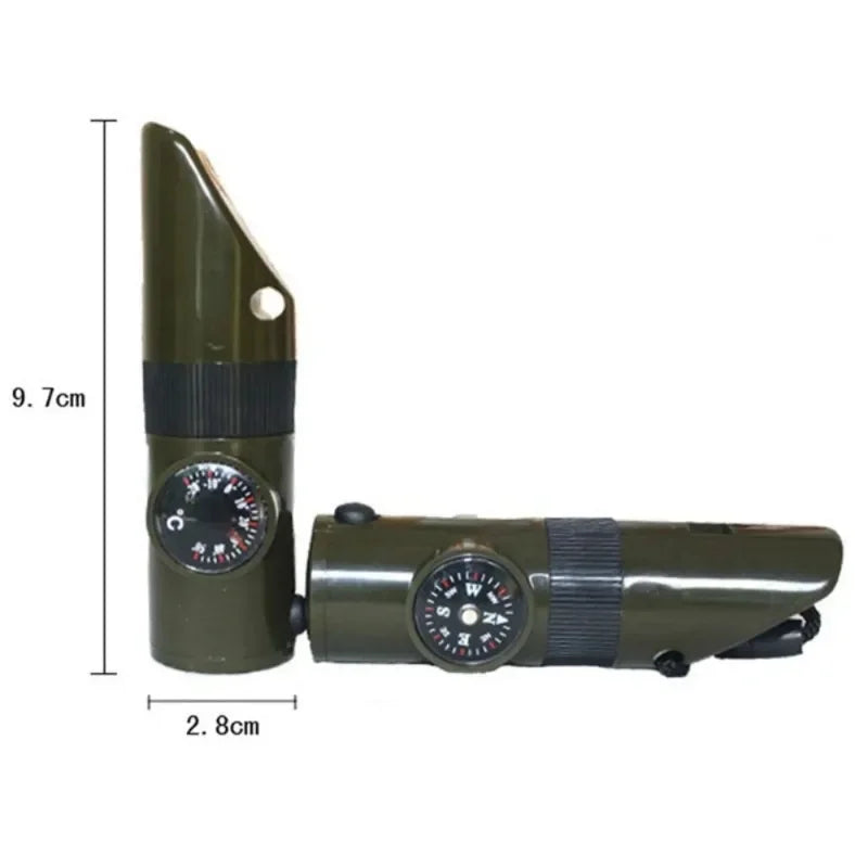 Survival Whistle with 6-in-1 Functions - LED Flashlight Compass Mirror Thermometer & Magnifier for Hiking Emergency