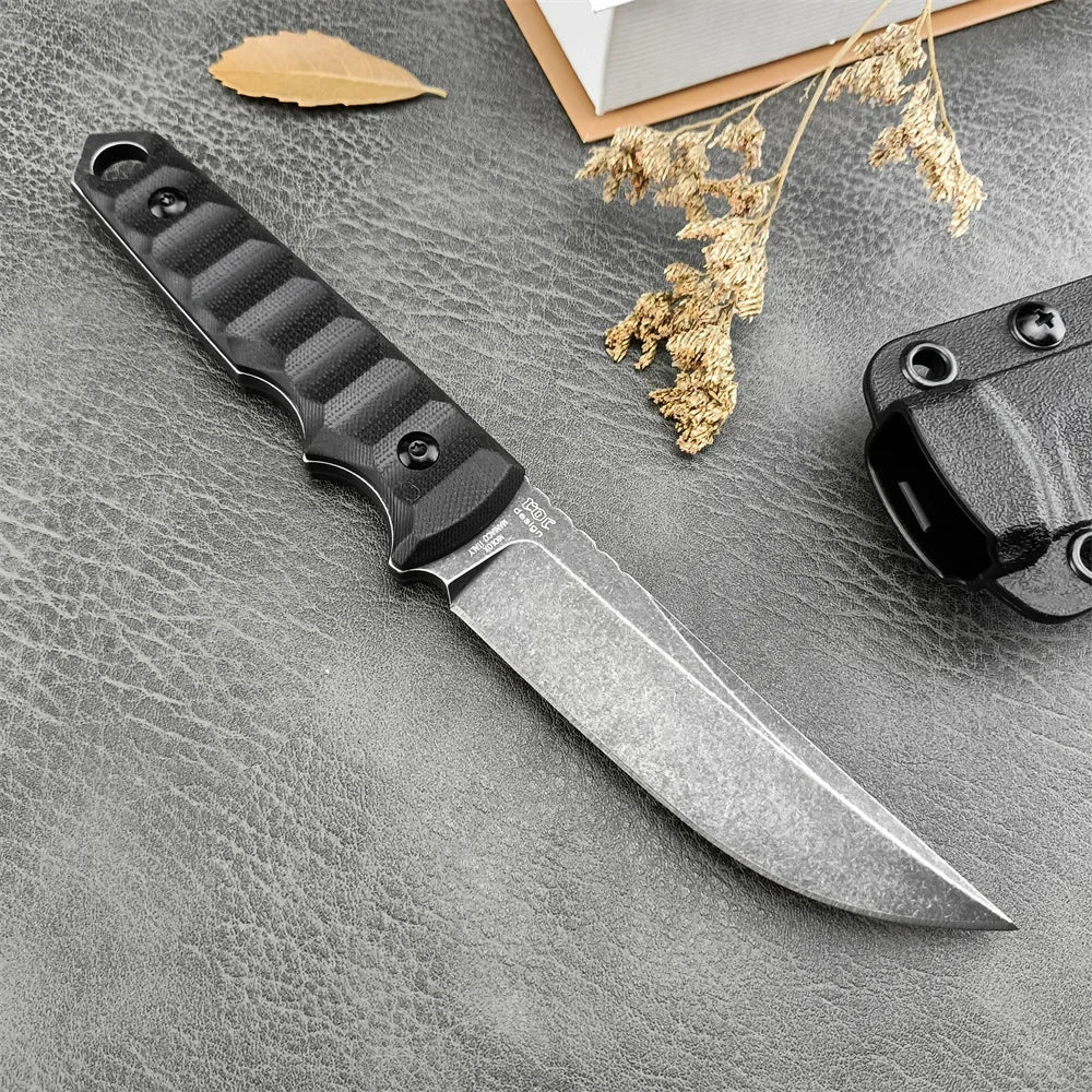 FX-634 Ryu Outdoor Fixed Blade Knife with Sheath D2 Stonewashed Tanto Blade Camping Hunting Survival Pocket Knives