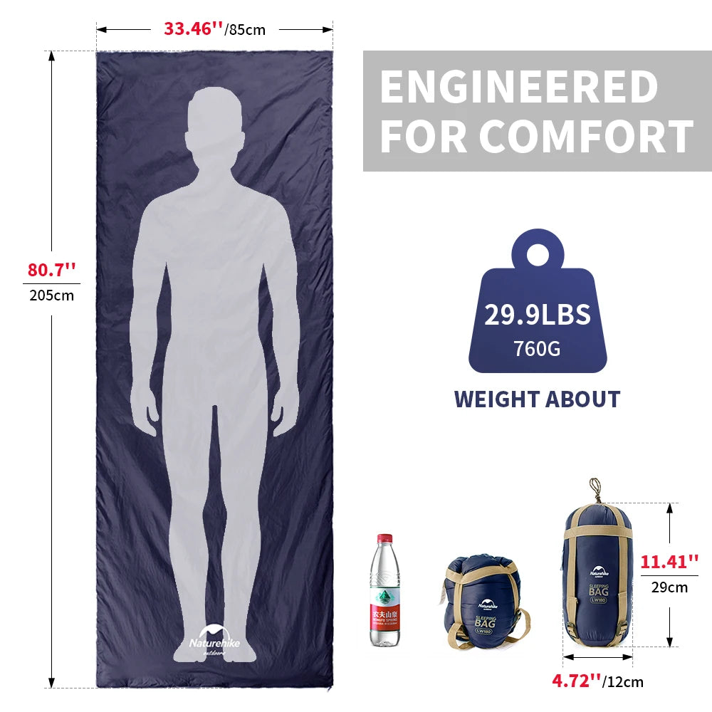 Naturehike Sleeping Bag LW180 Ultralight Waterproof Cotton Sleeping Bag Summer Hiking Camping Sleeping Bag Envelope Sleeping Bag
