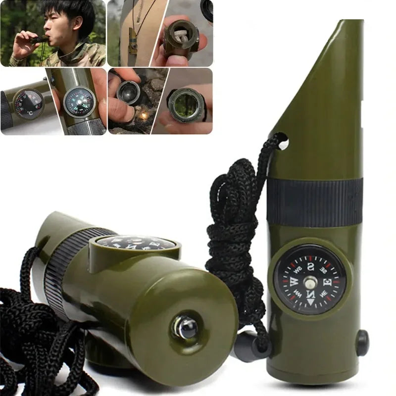 Survival Whistle with 6-in-1 Functions - LED Flashlight Compass Mirror Thermometer & Magnifier for Hiking Emergency