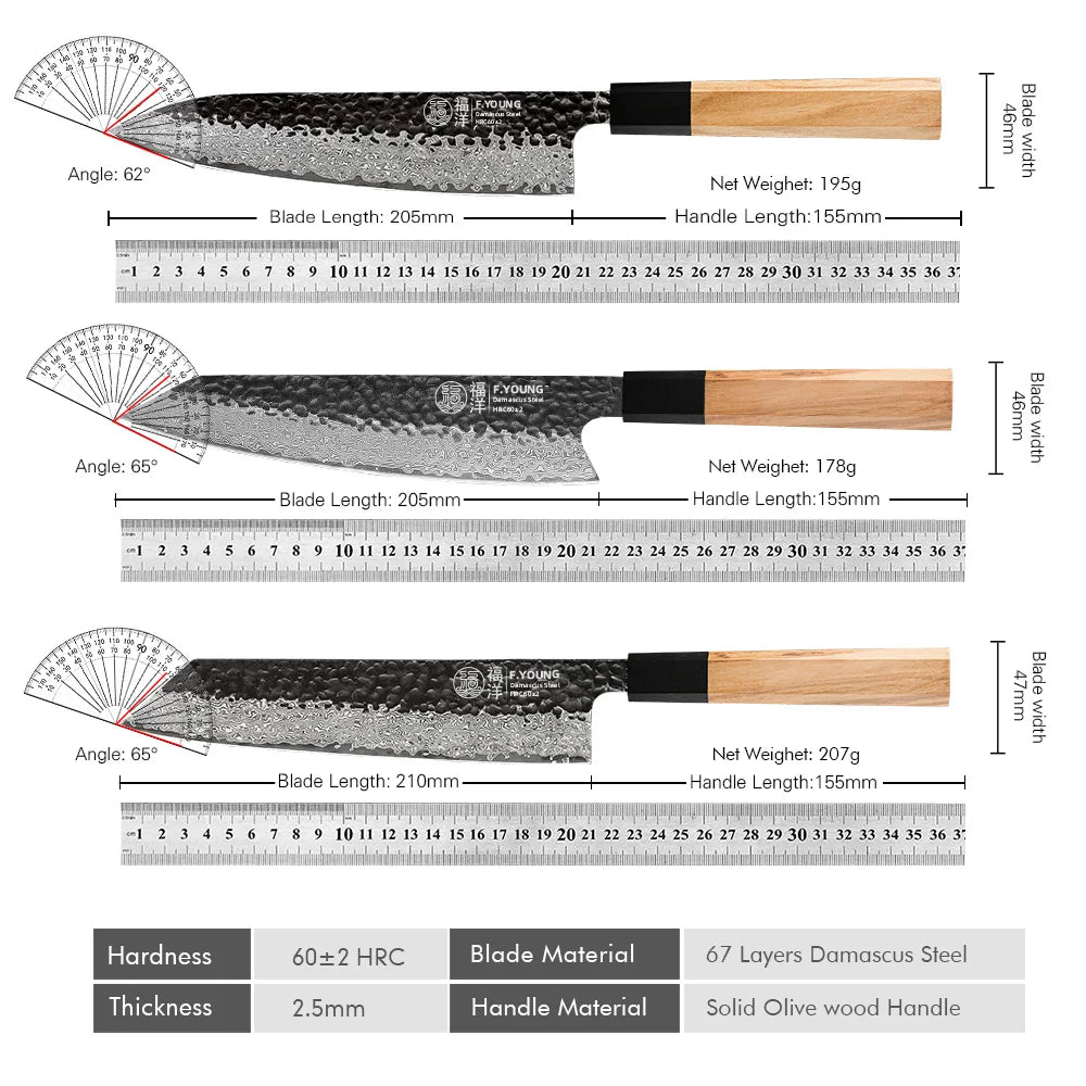 F.YOUNG Damascus Steel Kitchen Knives Japanese Hand Forged Chef Knife Vegetable Slicing Sashimi Utility Kitchen Cooking Tools
