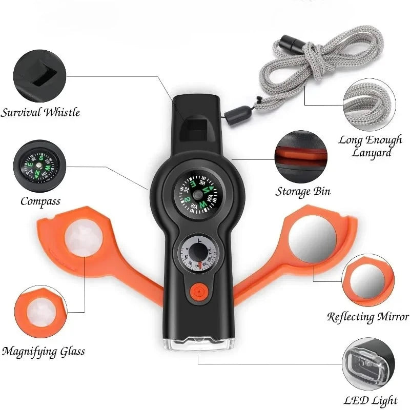7in1 Emergency Survival Function Whistle Outdoor Multifunctional Survival Whistle with Lanyard Compass Flashlight Camping Hike