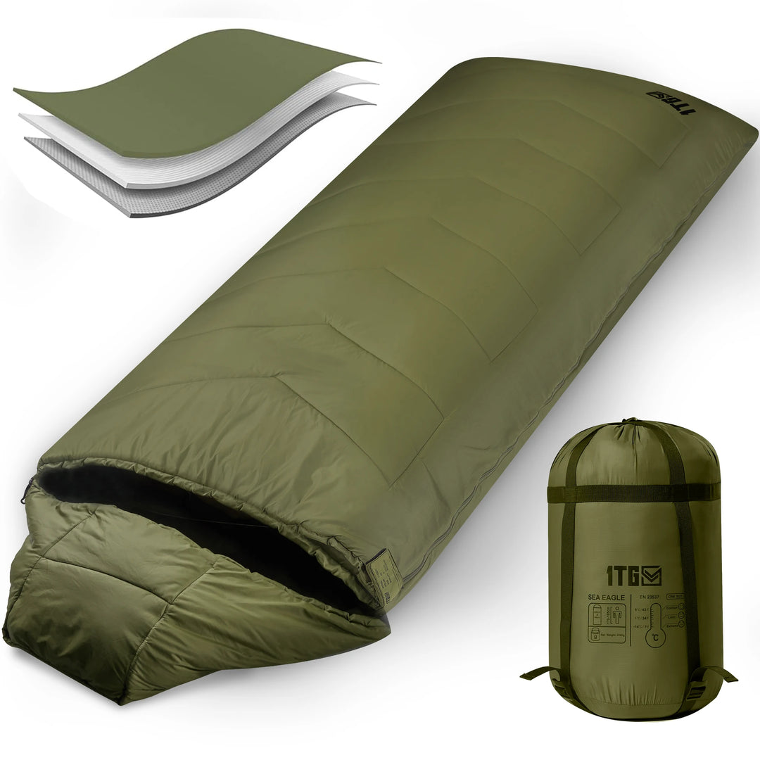 1TG Tactical Sleeping Bags for Adults, 34°F to 43°F Ultralight Warm Cold Weather Sleeping Bag for Camping, with Compression Sack