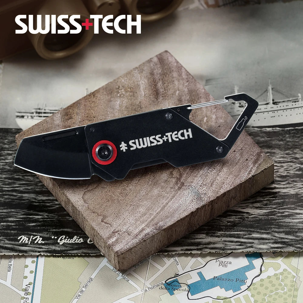 SWISS TECH Mini Folding Knife Multitool Pocket Knives With Carabiner Clip Camping EDC Portable Keyring Box Cutter Bottle Opener