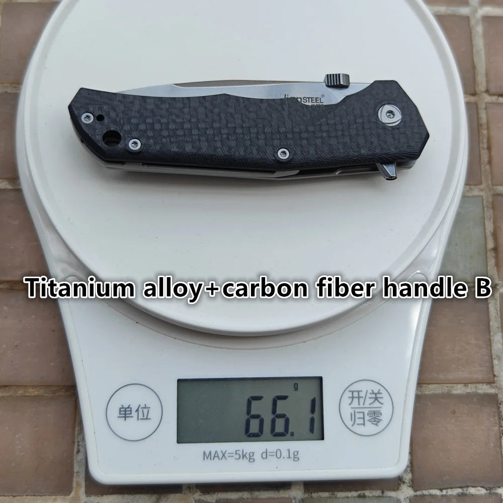 JUFULE Wood Box Packing Lion Molletta Carbon Fiber Titanium Mark M390 Logo Blade Camp Hunt Fish EDC Tool Tactical Folding Knife