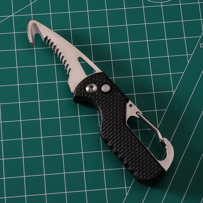 Outdoor Camping Portable Folding Knife Multifunctional Serrated Hook Knife Stainless Keychain Survival Cutter Tool Box Opener
