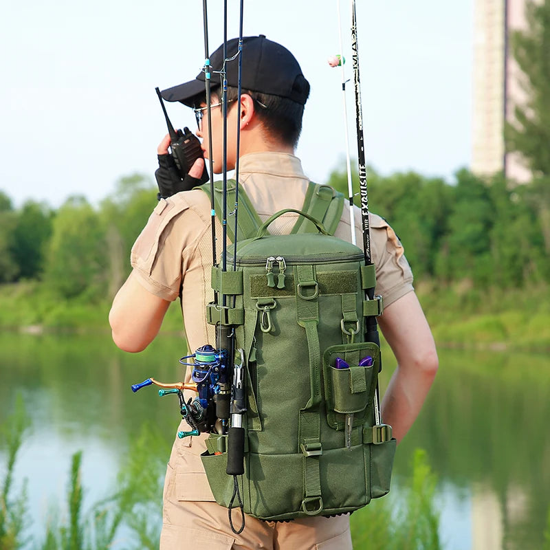 Waterproof Multi-Pocket Fishing Backpack w/ Tackle Storage, Mountable Slings, Large Unisex Duffel for Hiking, Camping, Mountaine