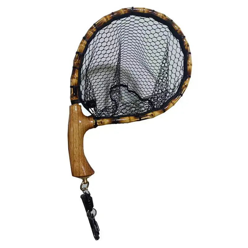 Fly Fishing Landing Net with Wood Handle, Wooden Frame, Soft Rubber Mesh, Waterproof Nylon Nets with Magnetic Release