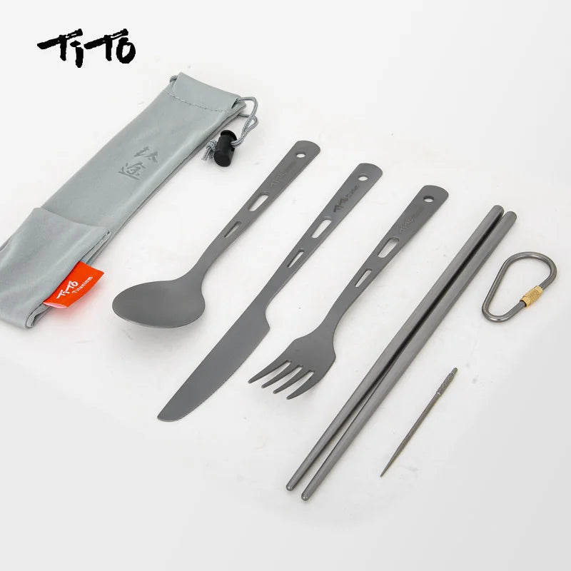 TiTo Titanium Ultralight Cutlery Outdoor Portable Knife Fork Spoon Straw Toothpick Chopstocks Camping Hiking Travel Flatware Set