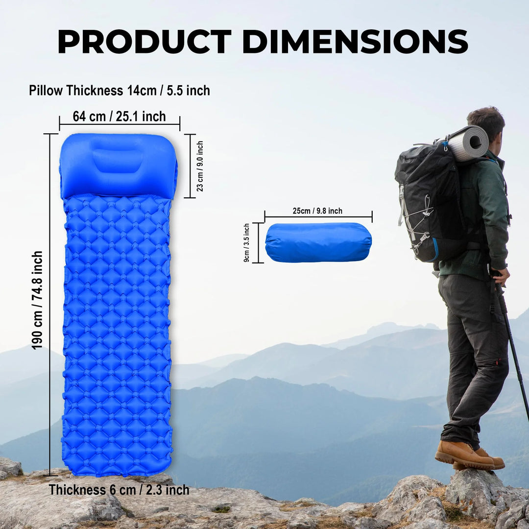Inflatable Sleeping Camping Mat with Pillow 190L x 64W x 6Th centimetres - Ultralight, Waterproof, Compact Sleeping Pad