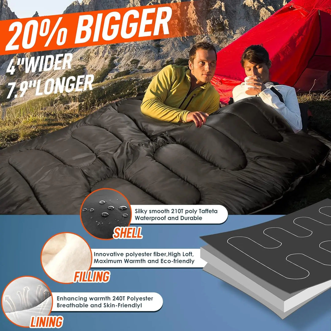Adult double sleeping bag,XL large double sleeping bag, four-season camping hiking backpack, two-person sleeping bag, suitable f