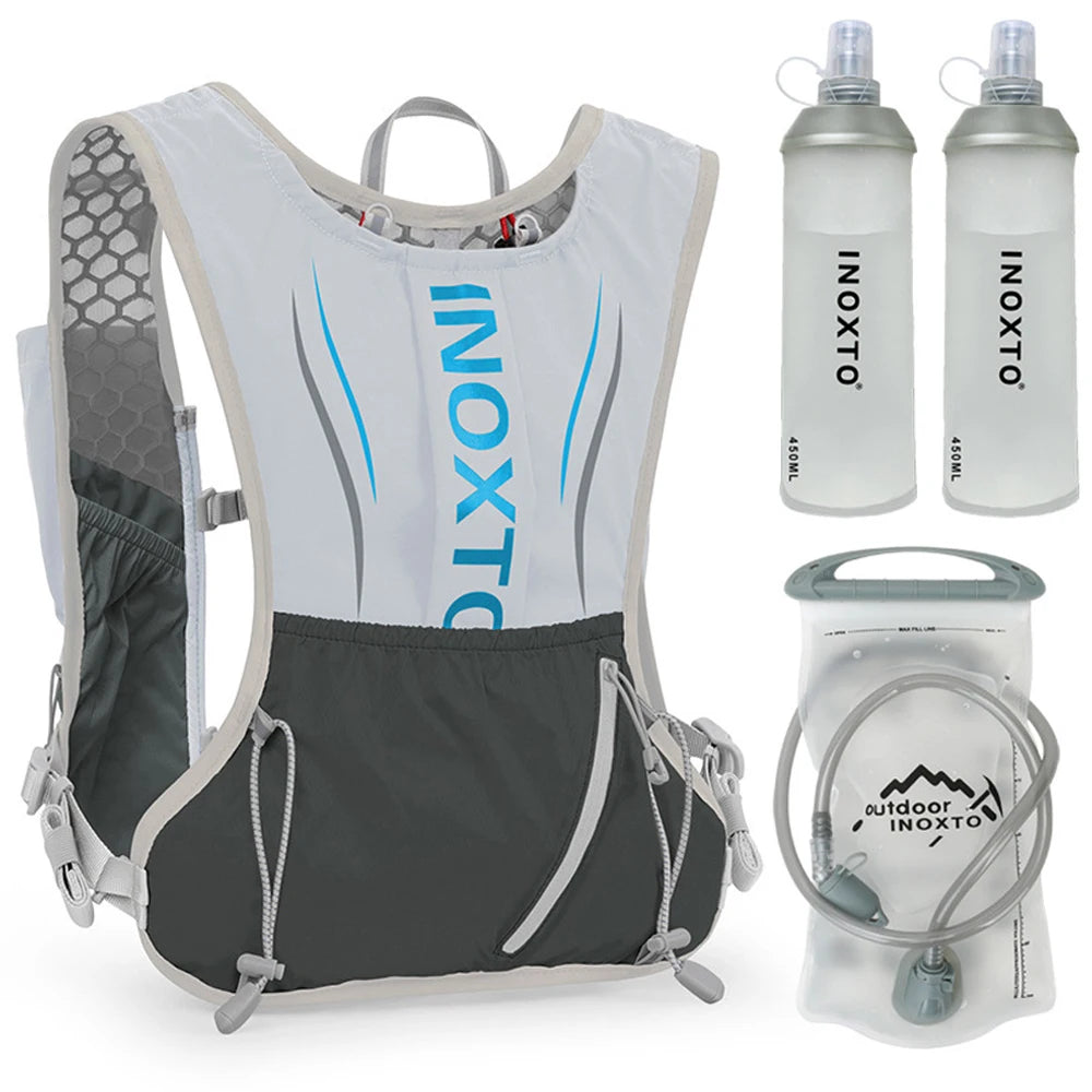 5L Hydration Vest Backpack Water Running Vest Pack w 1pc 1.5L Water Bladder and 2pcs 450ml Soft Water Bottles Cycling Backpack