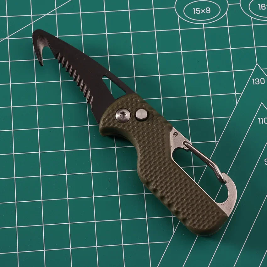 Outdoor Camping Portable Folding Knife Multifunctional Serrated Hook Knife Stainless Keychain Survival Cutter Tool Box Opener